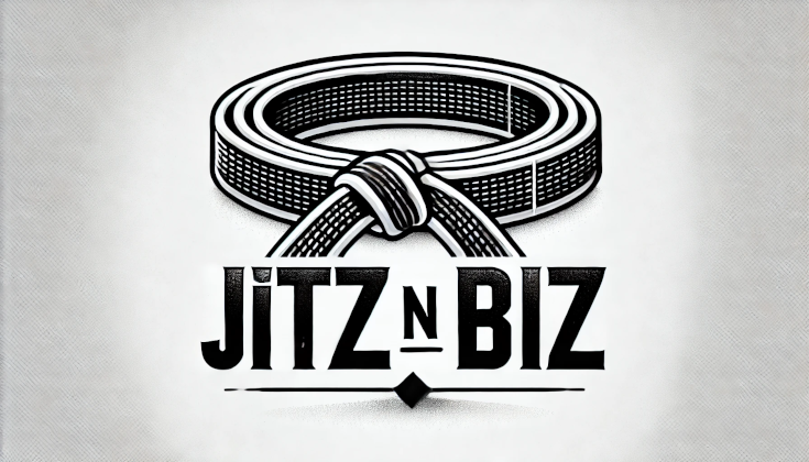 Logo for 'Jitz N Biz' featuring bold, modern black text with a stylized jiu-jitsu belt in black and white wrapped in a circular shape above the text. The belt has intricate stitching and a knot at the center, symbolizing a martial arts theme.